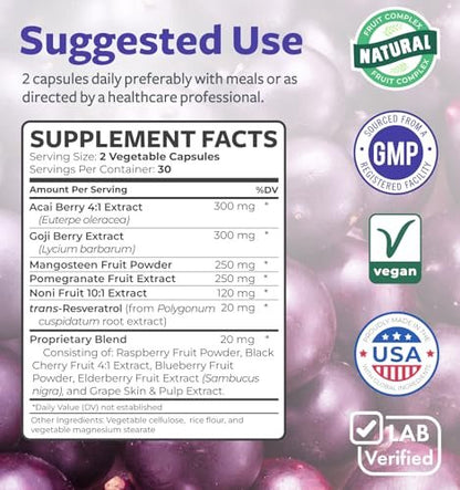 Super Antioxidantien Komplex für Frauen & Männer – Hochpotente Kräuter- & Früchtemischung mit Acai, Goji, Granatapfel, Holunderbeere & Resveratrol für Hautpflege & Immununterstützung – Vegan & Nicht-GVO – 60 Kapseln