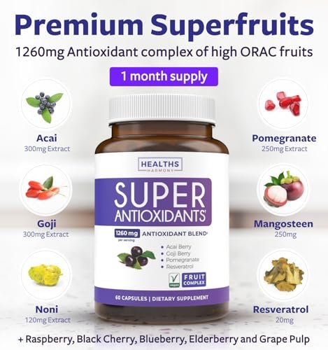 Super Antioxidantien Komplex für Frauen & Männer – Hochpotente Kräuter- & Früchtemischung mit Acai, Goji, Granatapfel, Holunderbeere & Resveratrol für Hautpflege & Immununterstützung – Vegan & Nicht-GVO – 60 Kapseln