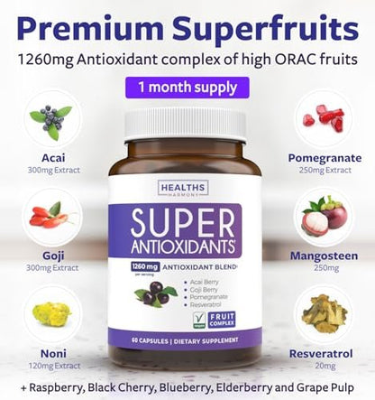 Super Antioxidantien Komplex für Frauen & Männer – Hochpotente Kräuter- & Früchtemischung mit Acai, Goji, Granatapfel, Holunderbeere & Resveratrol für Hautpflege & Immununterstützung – Vegan & Nicht-GVO – 60 Kapseln