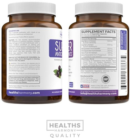 Super Antioxidantien Komplex für Frauen & Männer – Hochpotente Kräuter- & Früchtemischung mit Acai, Goji, Granatapfel, Holunderbeere & Resveratrol für Hautpflege & Immununterstützung – Vegan & Nicht-GVO – 60 Kapseln