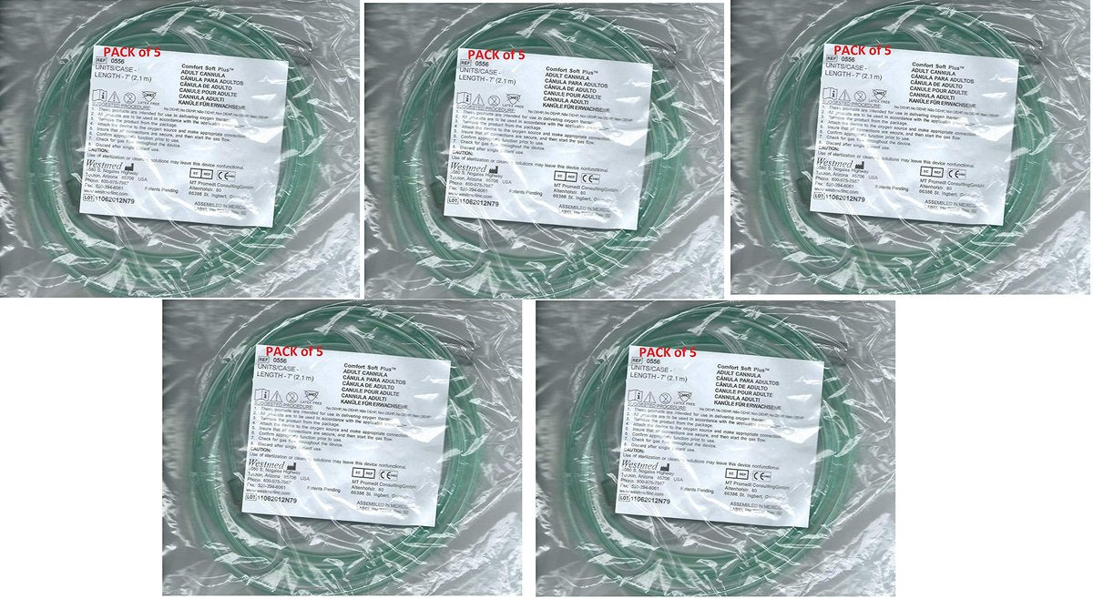 Erwachsene Ultra-Weiche Sauerstoffkanüle mit grünem Schlauch - 2,1 m (Westmed #0556) 5er-Pack