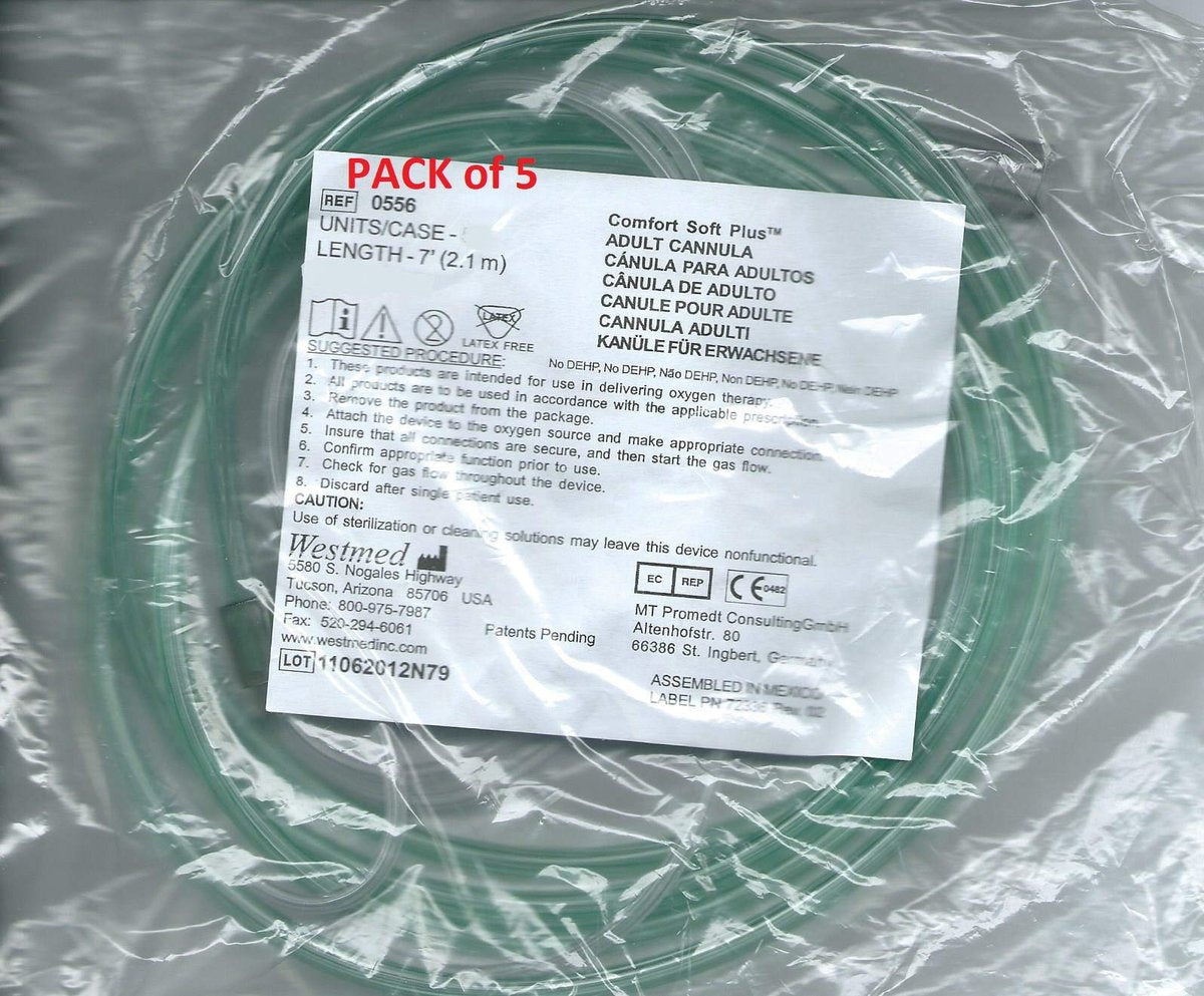 Erwachsene Ultra-Weiche Sauerstoffkanüle mit grünem Schlauch - 2,1 m (Westmed #0556) 5er-Pack