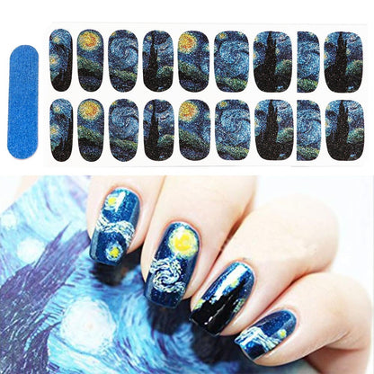 3D Van Gogh Sternennacht Vollnagel-Aufkleber, Nagelkunst-Aufkleber, Glitzernd, Langlebig, Einfach Anzubringen & Entfernen - 2 Blätter (28 Nagelstreifen) & 1 Feile