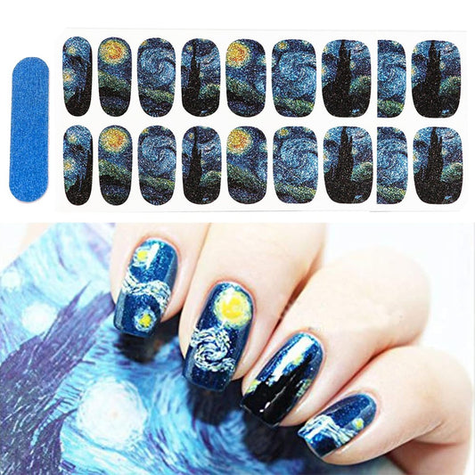 3D Van Gogh Sternennacht Vollnagel-Aufkleber, Nagelkunst-Aufkleber, Glitzernd, Langlebig, Einfach Anzubringen & Entfernen - 2 Blätter (28 Nagelstreifen) & 1 Feile