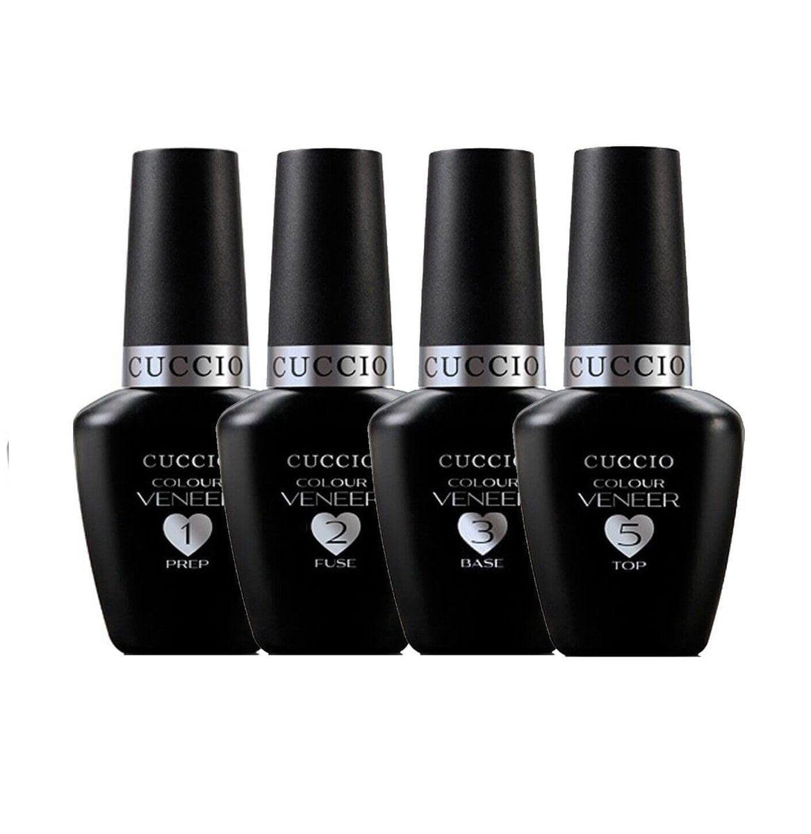 Cuccio Veneer Treatment Pack – Komplettes LED/UV-Gel-Nagelsystem mit Prep, Fuse, Base und Top Coat, 13 ml pro Flasche