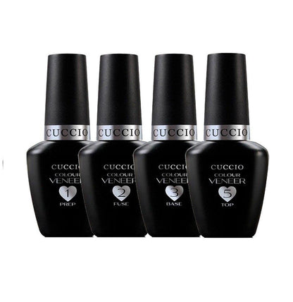 Cuccio Veneer Treatment Pack – Komplettes LED/UV-Gel-Nagelsystem mit Prep, Fuse, Base und Top Coat, 13 ml pro Flasche