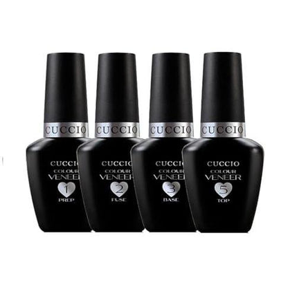 Cuccio Veneer Treatment Pack – Komplettes LED/UV-Gel-Nagelsystem mit Prep, Fuse, Base und Top Coat, 13 ml pro Flasche