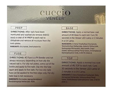 Cuccio Veneer Treatment Pack – Komplettes LED/UV-Gel-Nagelsystem mit Prep, Fuse, Base und Top Coat, 13 ml pro Flasche