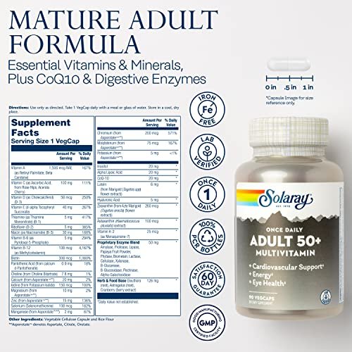 Solaray Once Daily Adult 50+ Komplett-Multivitamin für Frauen & Männer – essentielle Vitamine & chelatierte Mineralien für gesunde Energie, Herz, Gehirn & Immunsystem, mit CoQ10 & Lutein, ohne Eisen, 90 VegKapseln