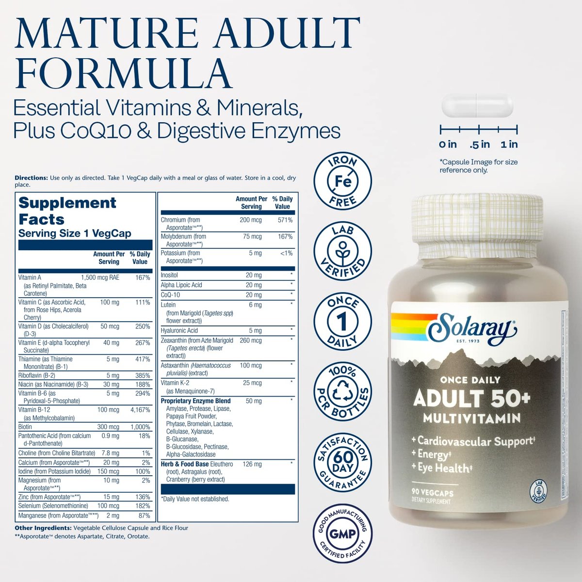 Solaray Once Daily Adult 50+ Komplett-Multivitamin für Frauen & Männer – essentielle Vitamine & chelatierte Mineralien für gesunde Energie, Herz, Gehirn & Immunsystem, mit CoQ10 & Lutein, ohne Eisen, 90 VegKapseln
