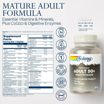 Solaray Once Daily Adult 50+ Komplett-Multivitamin für Frauen & Männer – essentielle Vitamine & chelatierte Mineralien für gesunde Energie, Herz, Gehirn & Immunsystem, mit CoQ10 & Lutein, ohne Eisen, 90 VegKapseln