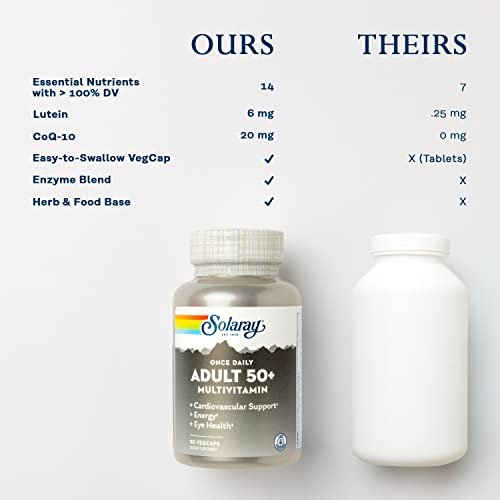 Solaray Once Daily Adult 50+ Komplett-Multivitamin für Frauen & Männer – essentielle Vitamine & chelatierte Mineralien für gesunde Energie, Herz, Gehirn & Immunsystem, mit CoQ10 & Lutein, ohne Eisen, 90 VegKapseln