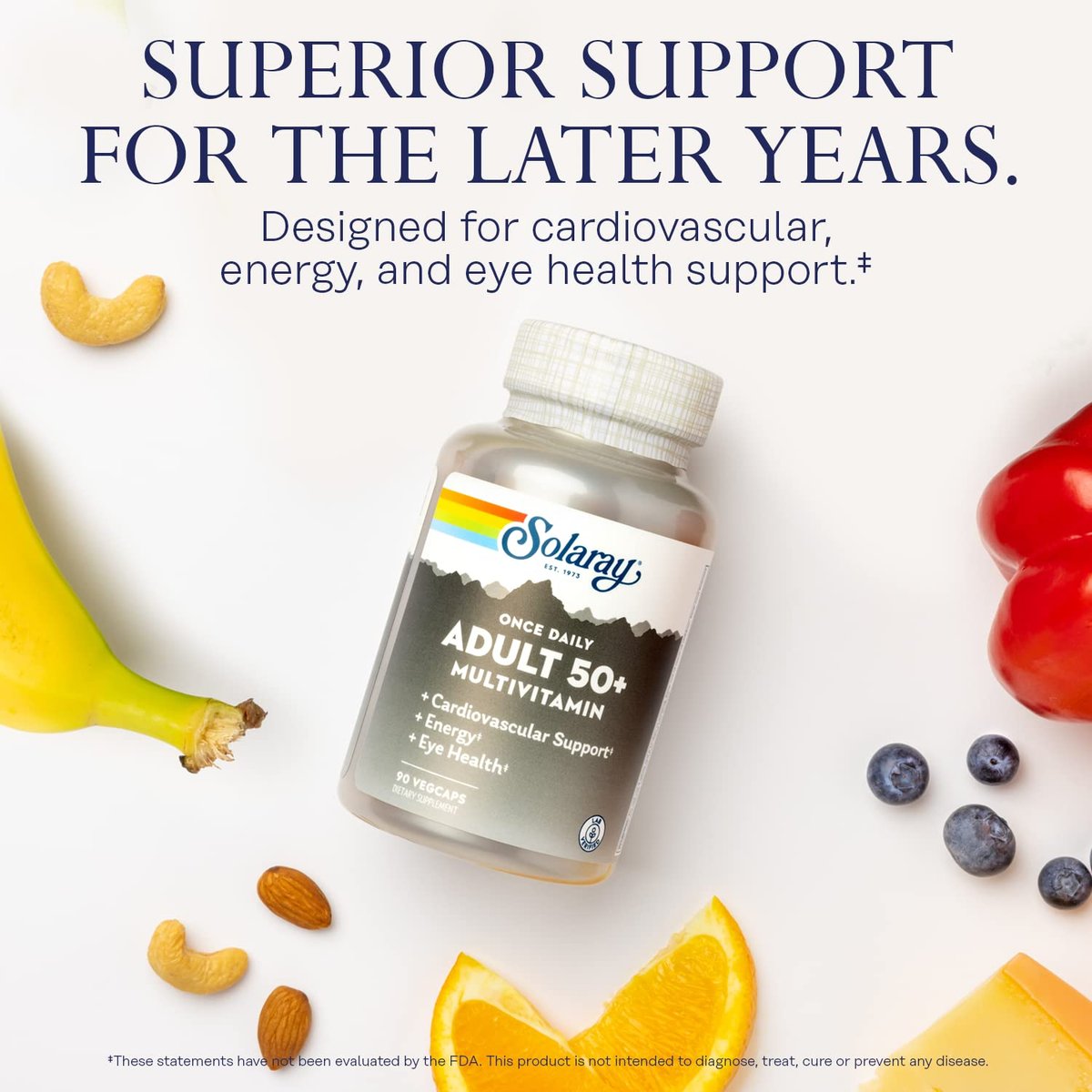 Solaray Once Daily Adult 50+ Komplett-Multivitamin für Frauen & Männer – essentielle Vitamine & chelatierte Mineralien für gesunde Energie, Herz, Gehirn & Immunsystem, mit CoQ10 & Lutein, ohne Eisen, 90 VegKapseln