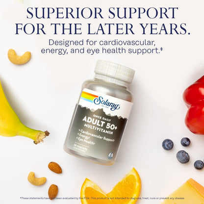 Solaray Once Daily Adult 50+ Komplett-Multivitamin für Frauen & Männer – essentielle Vitamine & chelatierte Mineralien für gesunde Energie, Herz, Gehirn & Immunsystem, mit CoQ10 & Lutein, ohne Eisen, 90 VegKapseln
