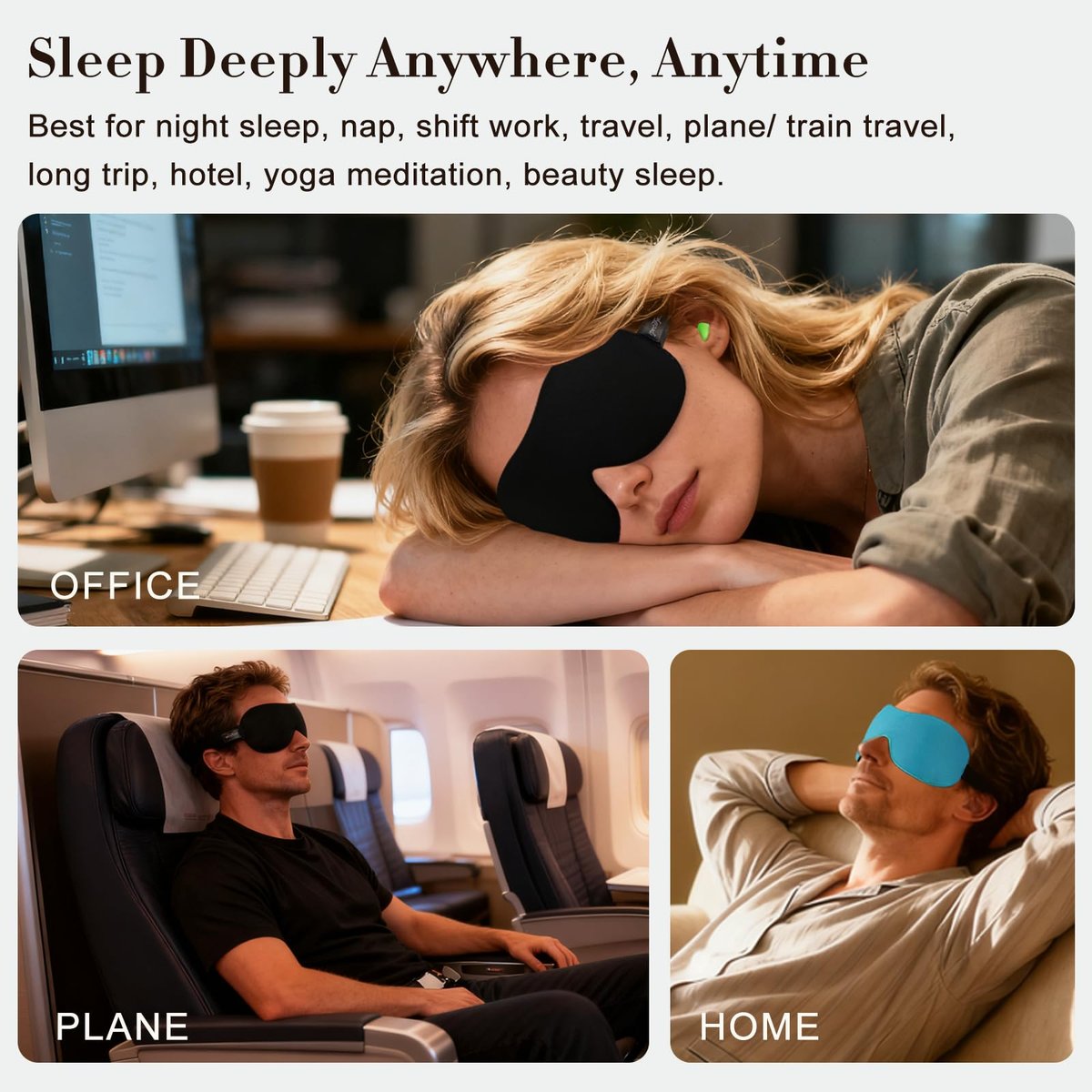 PrettyCare 3D Schlafmaske 2er-Pack – Ergonomische Augenmaske für Seitenschläfer, Konturierte Schlafmaske mit Memory-Schaum, Verdunkelnd für Männer, inkl. Ohrstöpsel und Reisetasche (Schwarz & Blau)