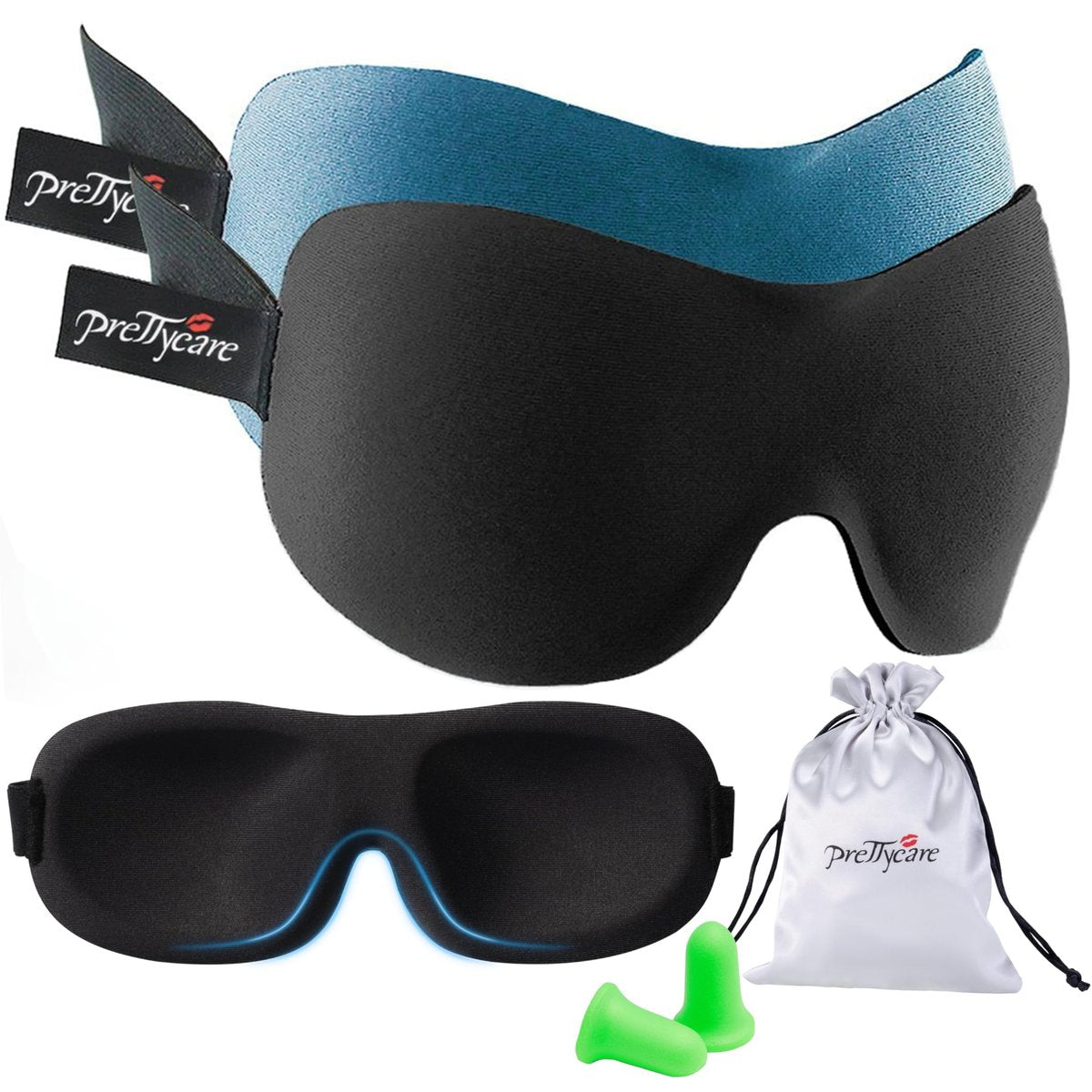 PrettyCare 3D Schlafmaske 2er-Pack – Ergonomische Augenmaske für Seitenschläfer, Konturierte Schlafmaske mit Memory-Schaum, Verdunkelnd für Männer, inkl. Ohrstöpsel und Reisetasche (Schwarz & Blau)