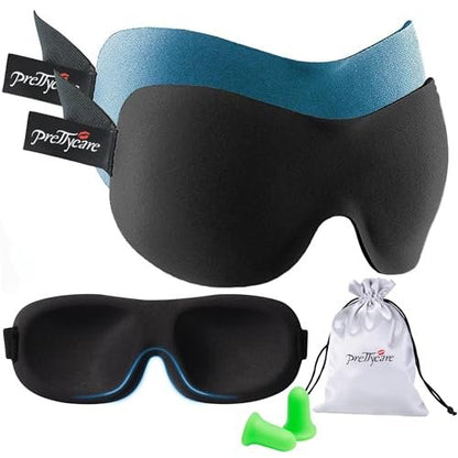 PrettyCare 3D Schlafmaske 2er-Pack – Ergonomische Augenmaske für Seitenschläfer, Konturierte Schlafmaske mit Memory-Schaum, Verdunkelnd für Männer, inkl. Ohrstöpsel und Reisetasche (Schwarz & Blau)