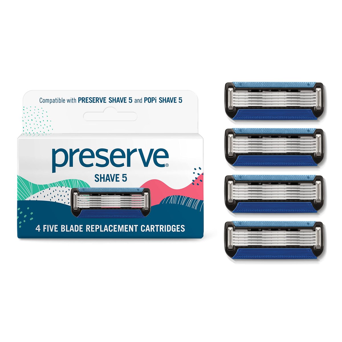 Preserve Shave 5 Rasierklingen Nachfüllpack - 5-Klingen Rasierer für Männer & Frauen - Keramikbeschichtete Klingen für sanfte Rasur mit Aloe-Kakaobutter Streifen - Wiederverwendbare Rasiernachfüllung - 4er Pack