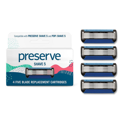 Preserve Shave 5 Rasierklingen Nachfüllpack - 5-Klingen Rasierer für Männer & Frauen - Keramikbeschichtete Klingen für sanfte Rasur mit Aloe-Kakaobutter Streifen - Wiederverwendbare Rasiernachfüllung - 4er Pack