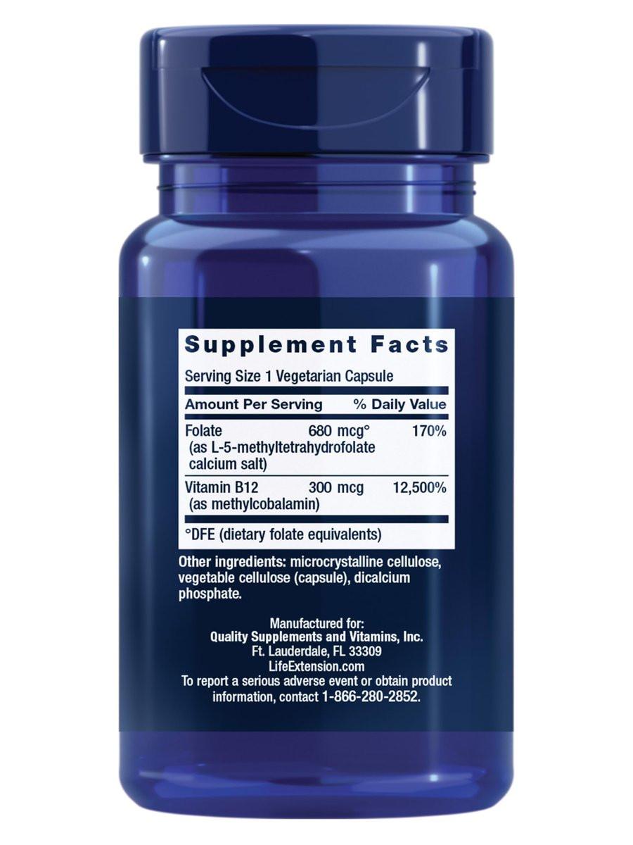 Life Extension BioActive Folat & Vitamin B12 – Unterstützt Herz, Gehirn und Magen-Darm-Trakt, Nicht-GVO, Glutenfrei, Vegetarisch, 90 Kapseln