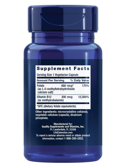 Life Extension BioActive Folat & Vitamin B12 – Unterstützt Herz, Gehirn und Magen-Darm-Trakt, Nicht-GVO, Glutenfrei, Vegetarisch, 90 Kapseln