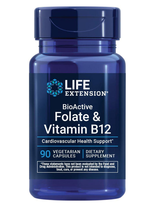 Life Extension BioActive Folat & Vitamin B12 – Unterstützt Herz, Gehirn und Magen-Darm-Trakt, Nicht-GVO, Glutenfrei, Vegetarisch, 90 Kapseln