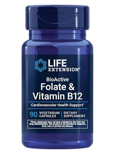 Life Extension BioActive Folat & Vitamin B12 – Unterstützt Herz, Gehirn und Magen-Darm-Trakt, Nicht-GVO, Glutenfrei, Vegetarisch, 90 Kapseln