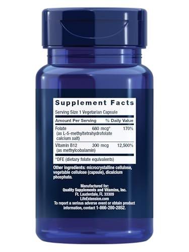 Life Extension BioActive Folat & Vitamin B12 – Unterstützt Herz, Gehirn und Magen-Darm-Trakt, Nicht-GVO, Glutenfrei, Vegetarisch, 90 Kapseln