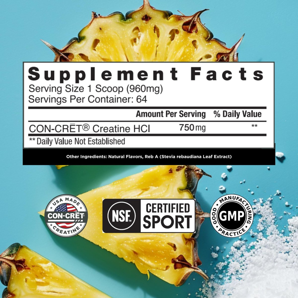CON-CRET Kreatin HCl Pulver | Unterstützung für Muskeln, Kognition und Zellenergie | Kein Blähungen oder Krämpfe | Hergestellt in den USA & NSF-zertifiziert | Ananas (64 Portionen)