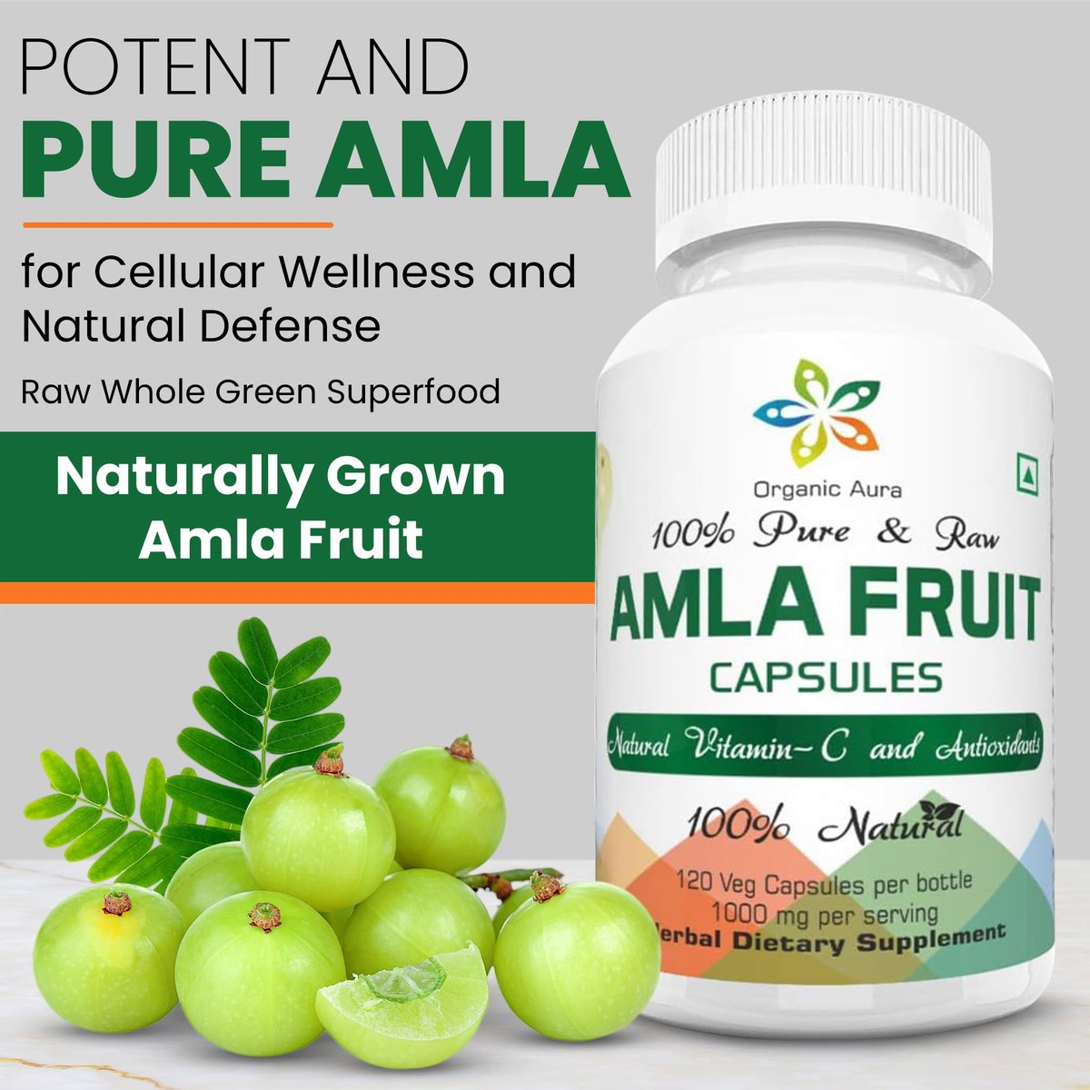 AMLA Kapseln – 1000 mg pro Portion, 120 vegane Kapseln – Rohes grünes Superfood – natürlich, frisch & original – ohne GVO und glutenfrei