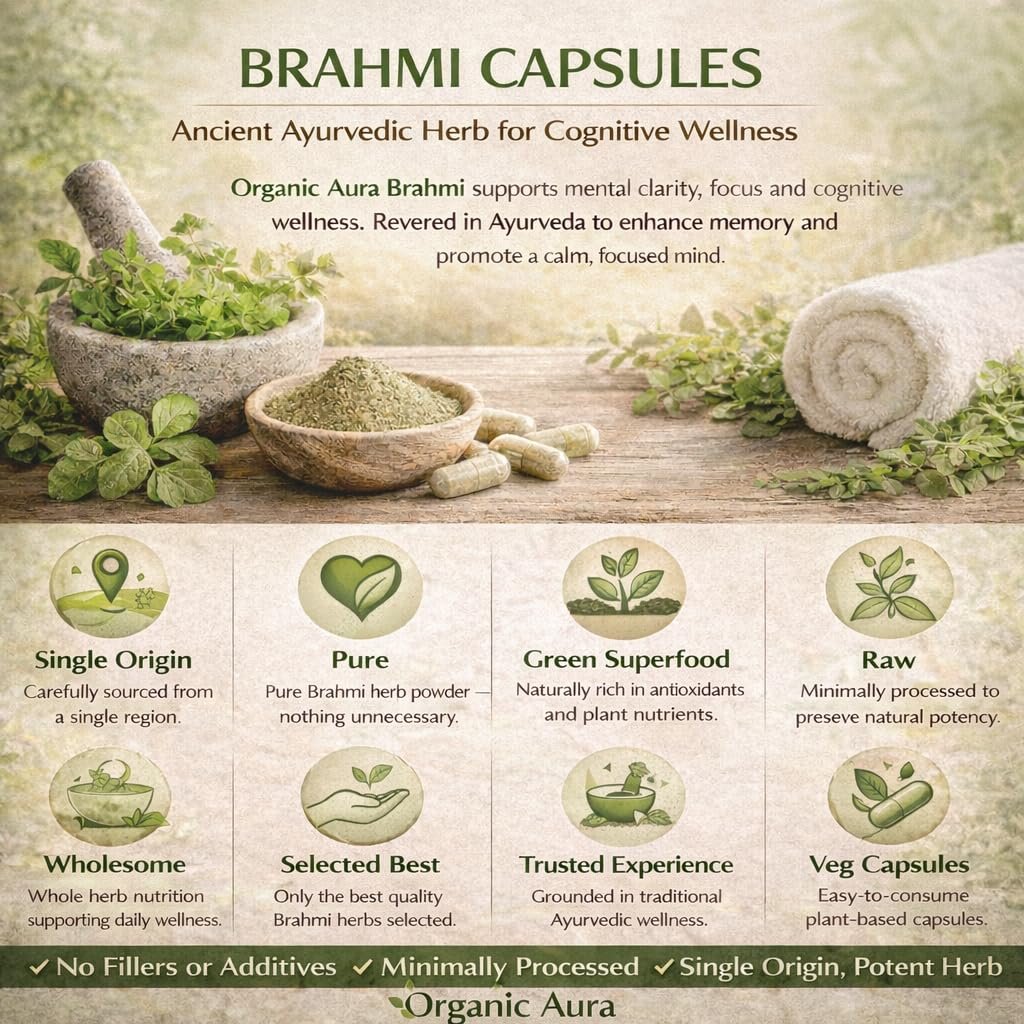 Organic Aura Brahmi Kapseln - 120 Stück. Stärkt und verbessert auf natürliche Weise Immunität und Gedächtnis. Vollständiges grünes Superfood. Nicht-GVO - Glutenfrei.