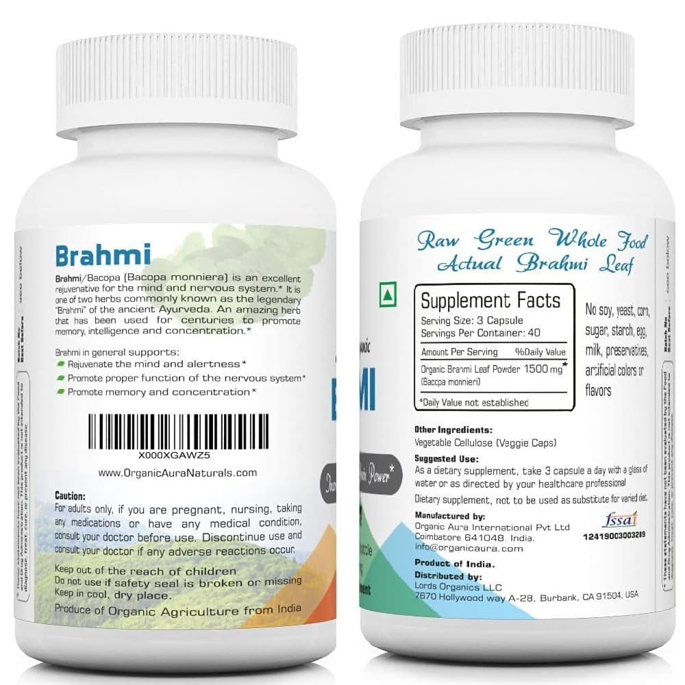 Organic Aura Brahmi Kapseln - 120 Stück. Stärkt und verbessert auf natürliche Weise Immunität und Gedächtnis. Vollständiges grünes Superfood. Nicht-GVO - Glutenfrei.