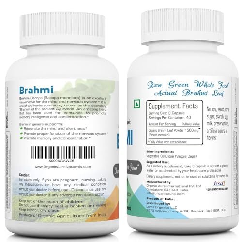 Organic Aura Brahmi Kapseln - 120 Stück. Stärkt und verbessert auf natürliche Weise Immunität und Gedächtnis. Vollständiges grünes Superfood. Nicht-GVO - Glutenfrei.