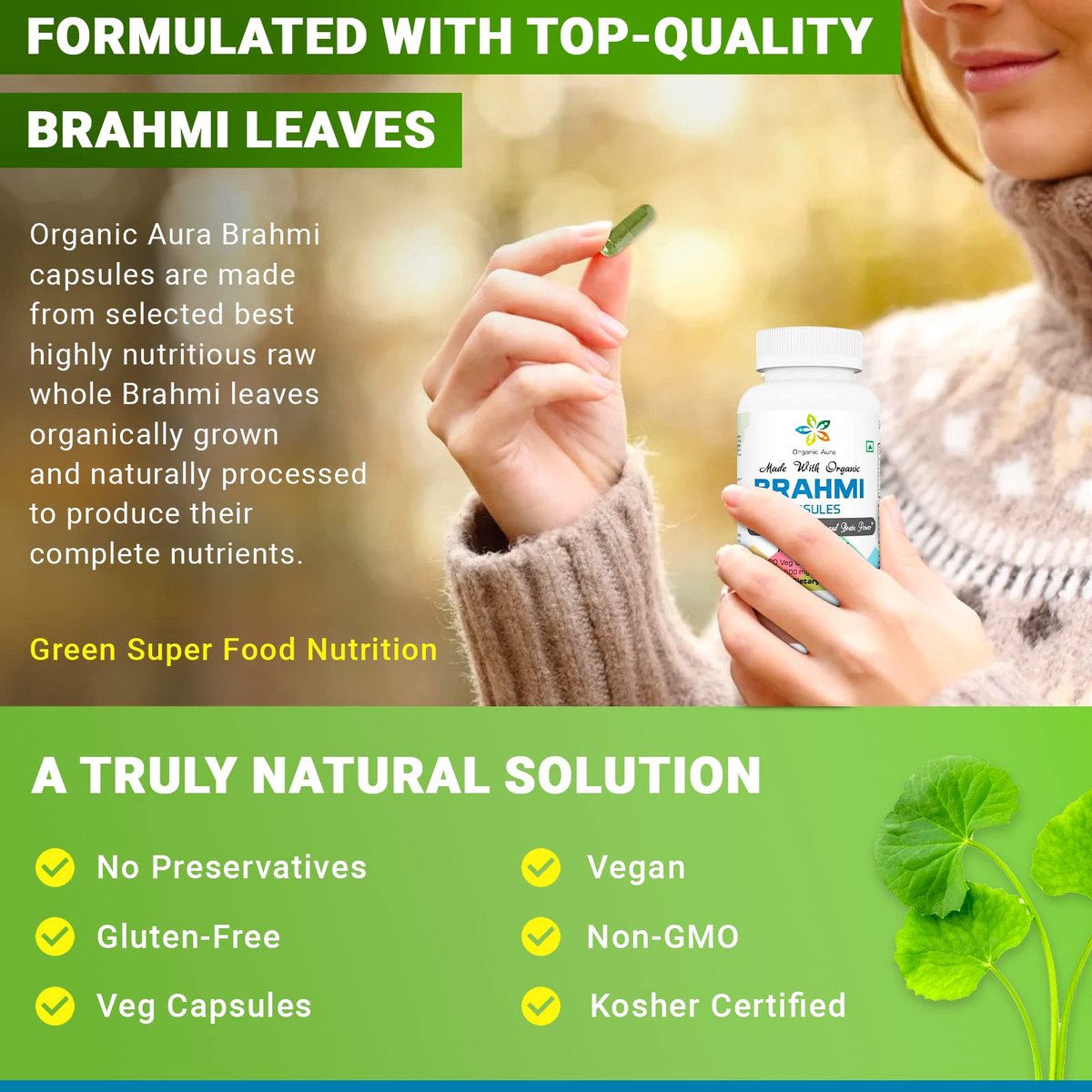 Organic Aura Brahmi Kapseln - 120 Stück. Stärkt und verbessert auf natürliche Weise Immunität und Gedächtnis. Vollständiges grünes Superfood. Nicht-GVO - Glutenfrei.