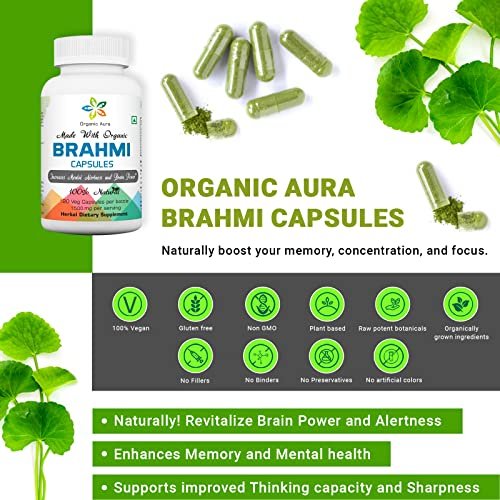 Organic Aura Brahmi Kapseln - 120 Stück. Stärkt und verbessert auf natürliche Weise Immunität und Gedächtnis. Vollständiges grünes Superfood. Nicht-GVO - Glutenfrei.