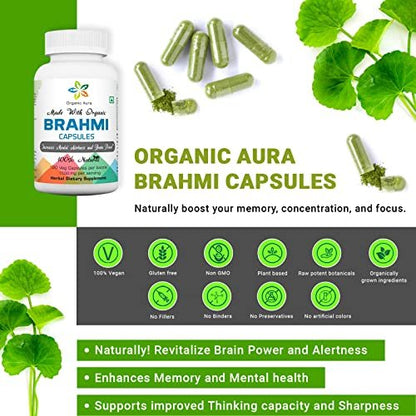 Organic Aura Brahmi Kapseln - 120 Stück. Stärkt und verbessert auf natürliche Weise Immunität und Gedächtnis. Vollständiges grünes Superfood. Nicht-GVO - Glutenfrei.