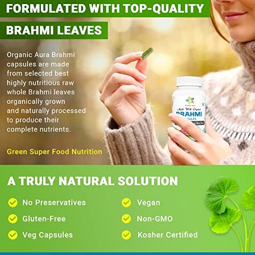 Organic Aura Brahmi Kapseln - 120 Stück. Stärkt und verbessert auf natürliche Weise Immunität und Gedächtnis. Vollständiges grünes Superfood. Nicht-GVO - Glutenfrei.