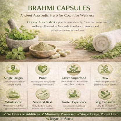 Organic Aura Brahmi Kapseln - 120 Stück. Stärkt und verbessert auf natürliche Weise Immunität und Gedächtnis. Vollständiges grünes Superfood. Nicht-GVO - Glutenfrei.