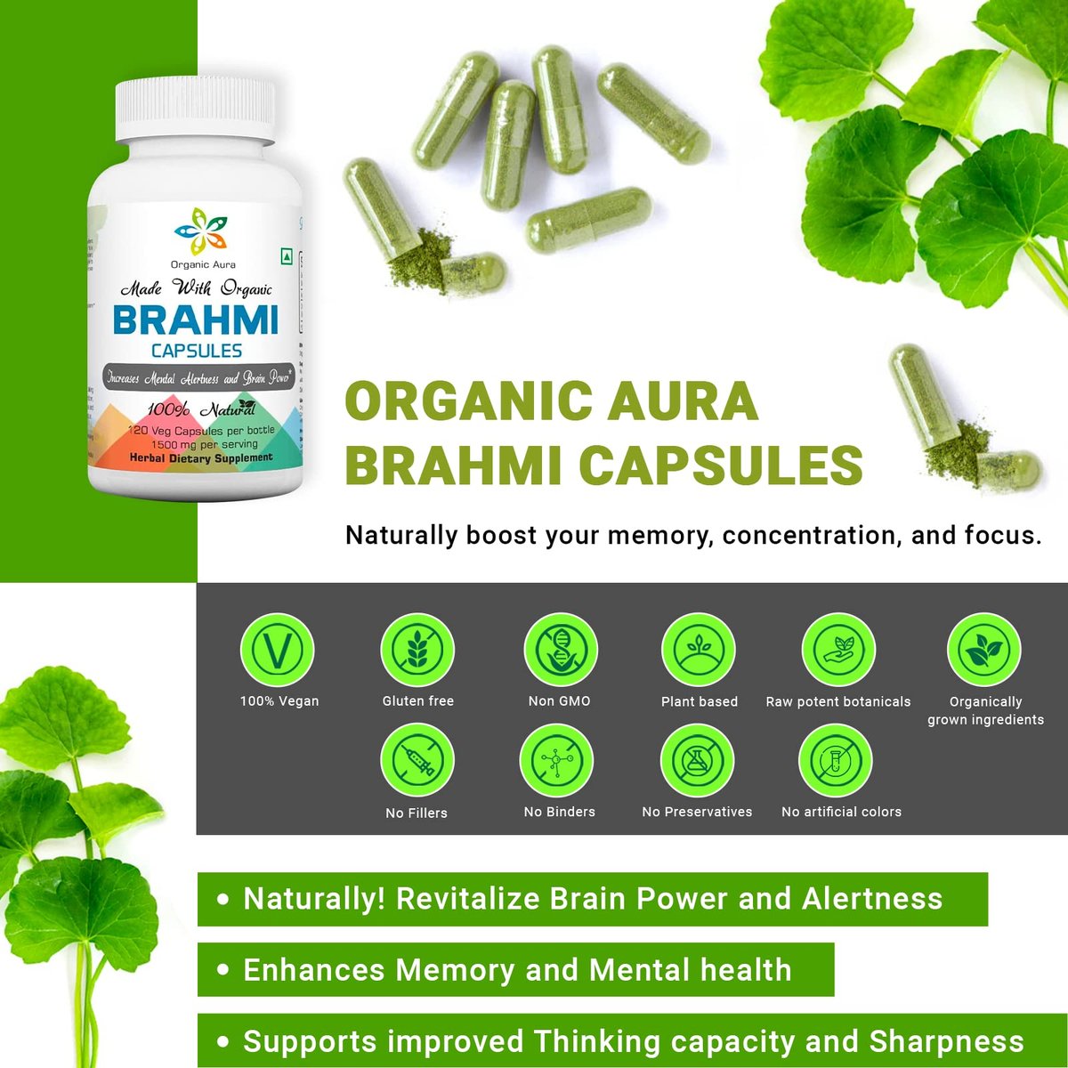 Organic Aura Brahmi Kapseln - 120 Stück. Stärkt und verbessert auf natürliche Weise Immunität und Gedächtnis. Vollständiges grünes Superfood. Nicht-GVO - Glutenfrei.