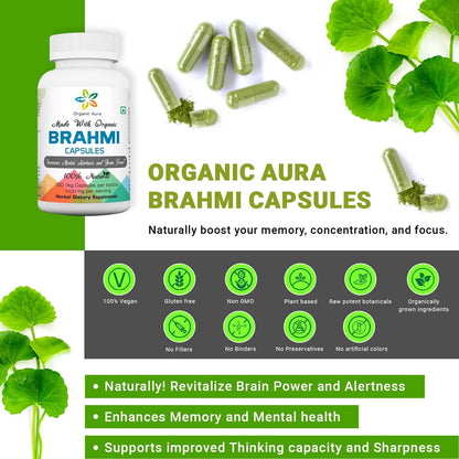 Organic Aura Brahmi Kapseln - 120 Stück. Stärkt und verbessert auf natürliche Weise Immunität und Gedächtnis. Vollständiges grünes Superfood. Nicht-GVO - Glutenfrei.