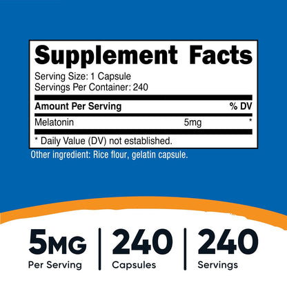 Nutricost Melatonin 5mg, 240 Kapseln – 5mg pro Portion, Non-GMO, Glutenfrei