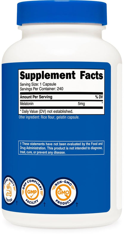 Nutricost Melatonin 5mg, 240 Kapseln – 5mg pro Portion, Non-GMO, Glutenfrei