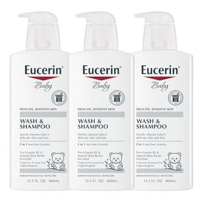 Eucerin Baby Unparfümiertes Babyshampoo und Duschbad, hypoallergen, tränenfrei mit Pro-Vitamin B5 und Sheabutter, 13,5 Fl Oz Flasche 3er-Pack