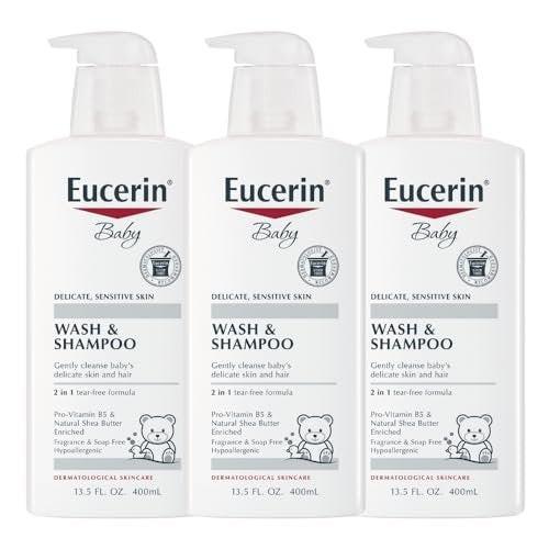Eucerin Baby Unparfümiertes Babyshampoo und Duschbad, hypoallergen, tränenfrei mit Pro-Vitamin B5 und Sheabutter, 13,5 Fl Oz Flasche 3er-Pack