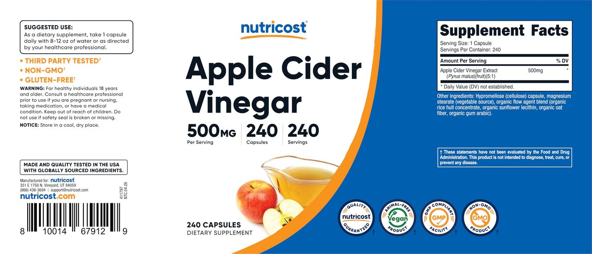 Nutricost Apfelessig Kapseln 500mg, 240 vegetarische Kapseln - Natürlich, Vegetarisch, GMP, Nicht-GVO und Glutenfrei