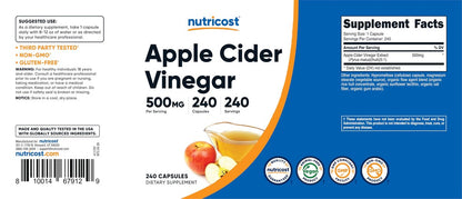 Nutricost Apfelessig Kapseln 500mg, 240 vegetarische Kapseln - Natürlich, Vegetarisch, GMP, Nicht-GVO und Glutenfrei
