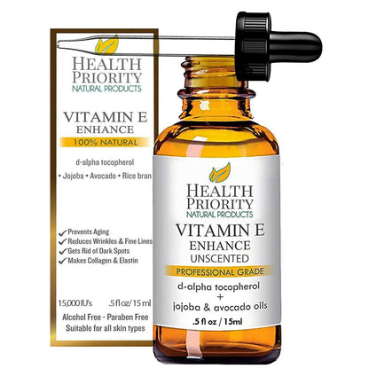 Health Priority Naturals Bio-Vitamin E Öl für die Haut – mit Jojoba- und Avocadoöl – unparfümiert, handgefertigt für Gesicht/Haar – 15000 IE, 15 ml