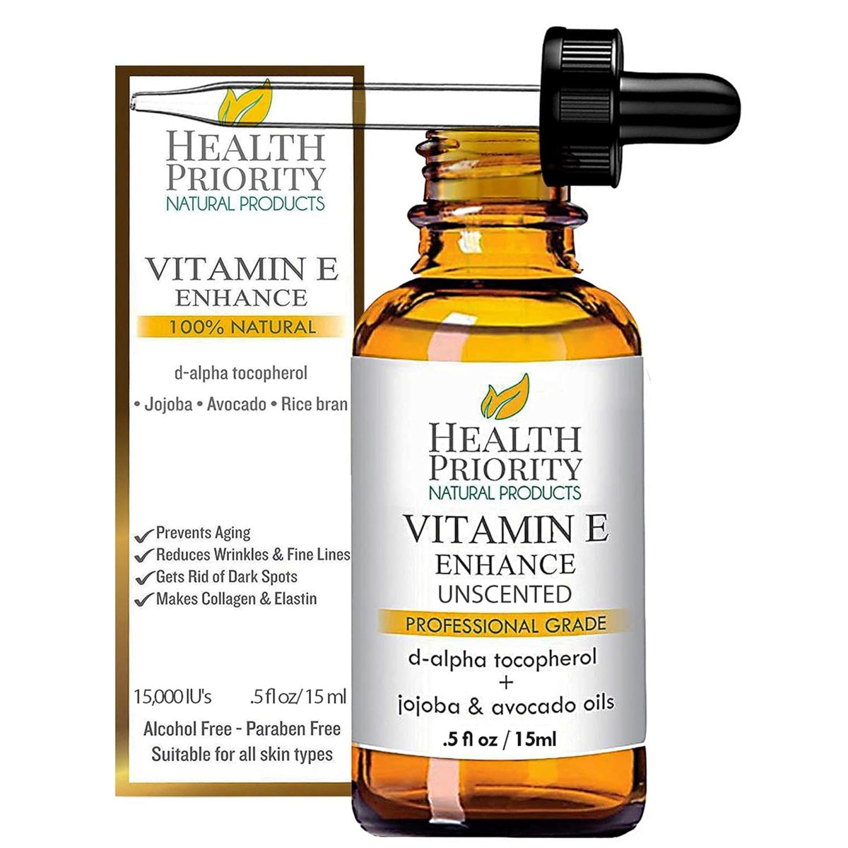 Health Priority Naturals Bio-Vitamin E Öl für die Haut – mit Jojoba- und Avocadoöl – unparfümiert, handgefertigt für Gesicht/Haar – 15000 IE, 15 ml