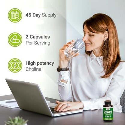 Nested Naturals Cholin Bitartrat 500 mg pro Portion – Hochdosiertes Cholin-Supplement zur Unterstützung kognitiver Leistung und Leberfunktion – 100 % vegan & nicht-GVO – 90 vegane Kapseln