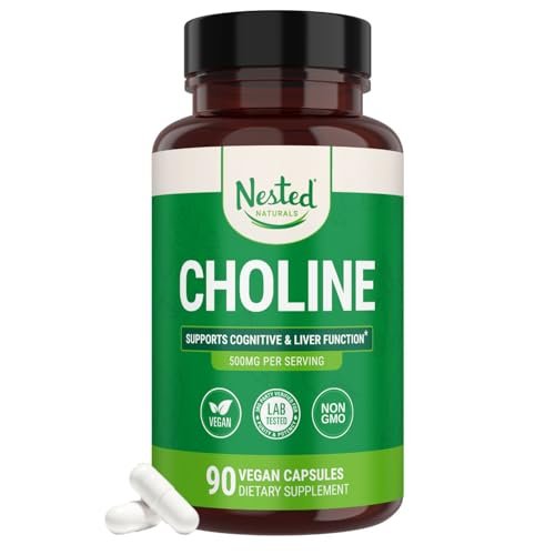 Nested Naturals Cholin Bitartrat 500 mg pro Portion – Hochdosiertes Cholin-Supplement zur Unterstützung kognitiver Leistung und Leberfunktion – 100 % vegan & nicht-GVO – 90 vegane Kapseln